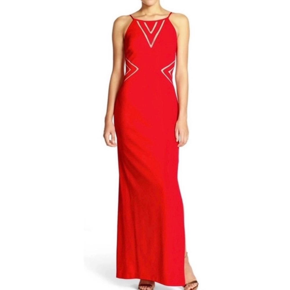 AIDAN MATTOX RED MESH INSET MAXI GOWN